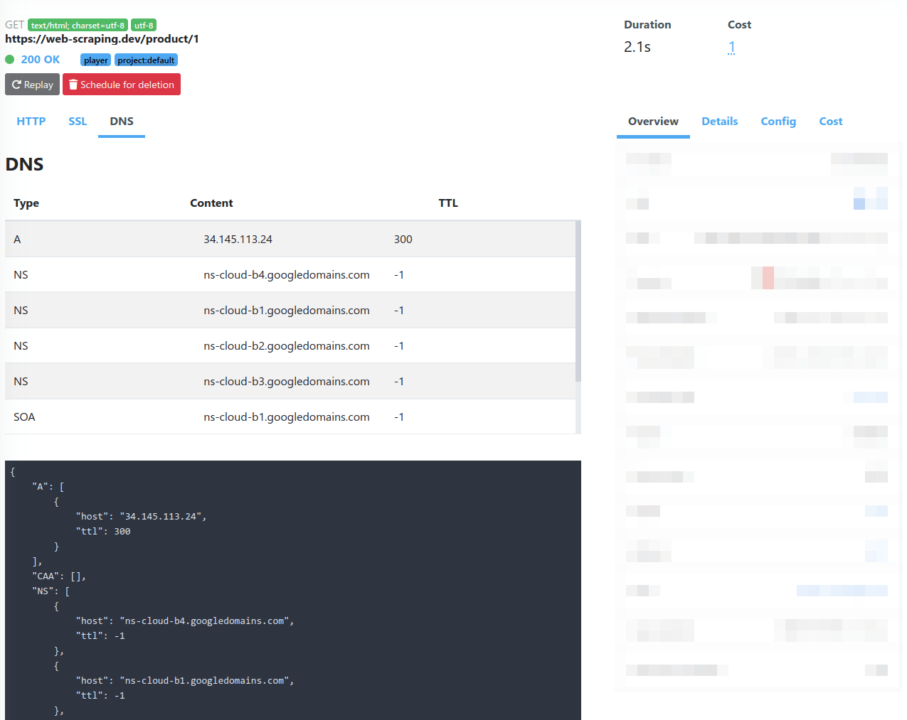 overview page of web interface for Scrapfly DNS scraping