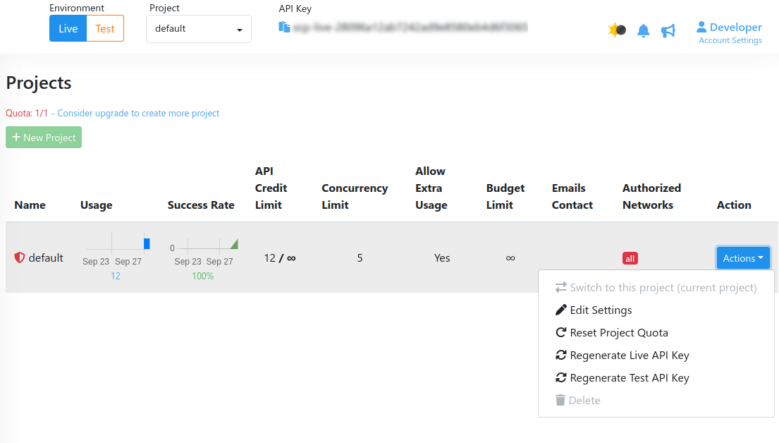 overview page of web interface for managing projects