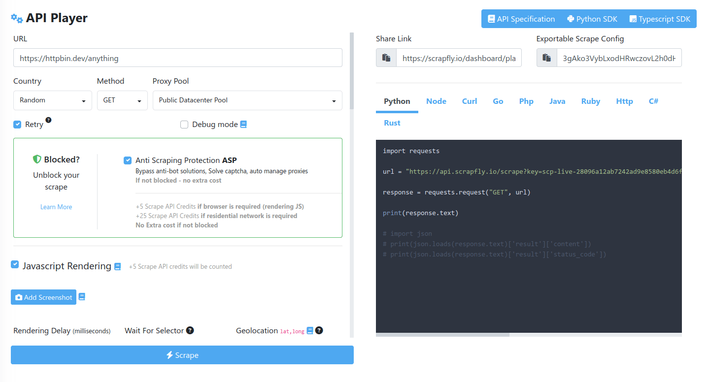 overview page of web interface for Scrapfly web API player