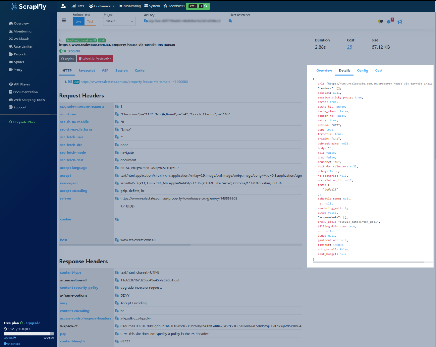 overview page of web interface for Scrapfly scraping monitoring