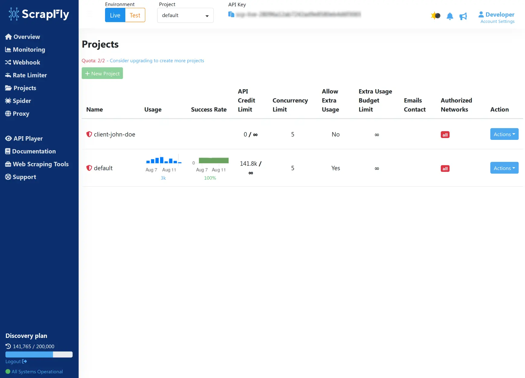 API projects web dashboard preview