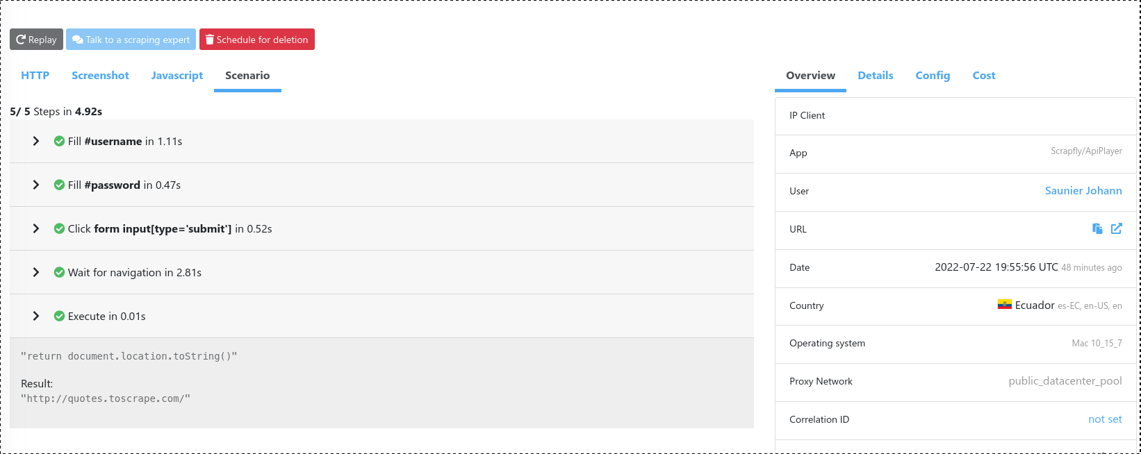 overview page of web interface for Scrapfly Javascript Scenarios