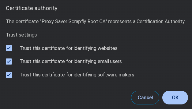 Chrome certificate import confirmation