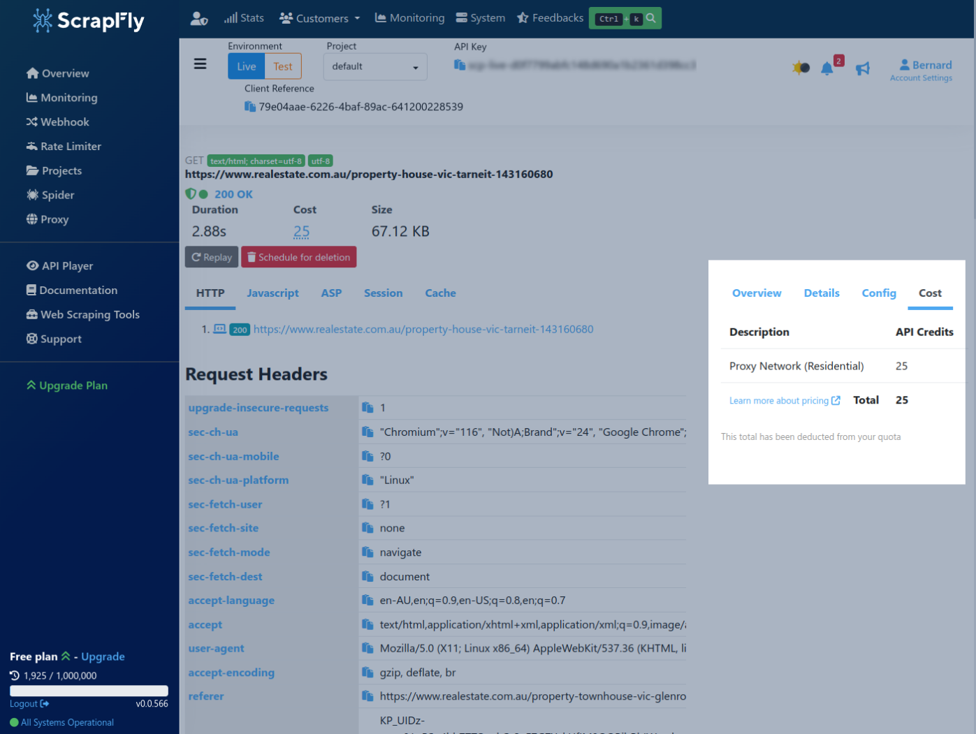 overview page of web interface for Scrapfly scraping monitoring