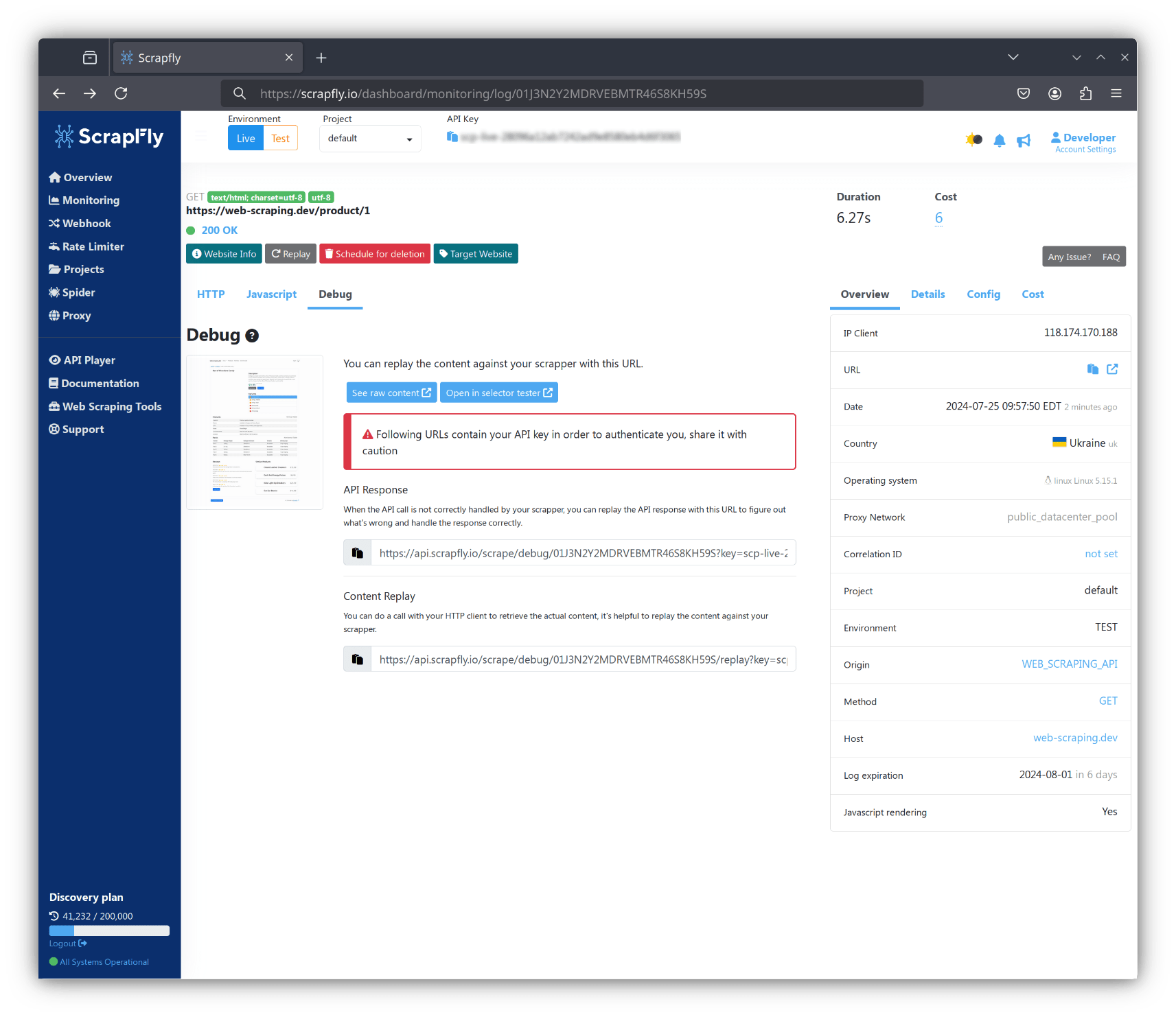 monitoring dashboard debug page