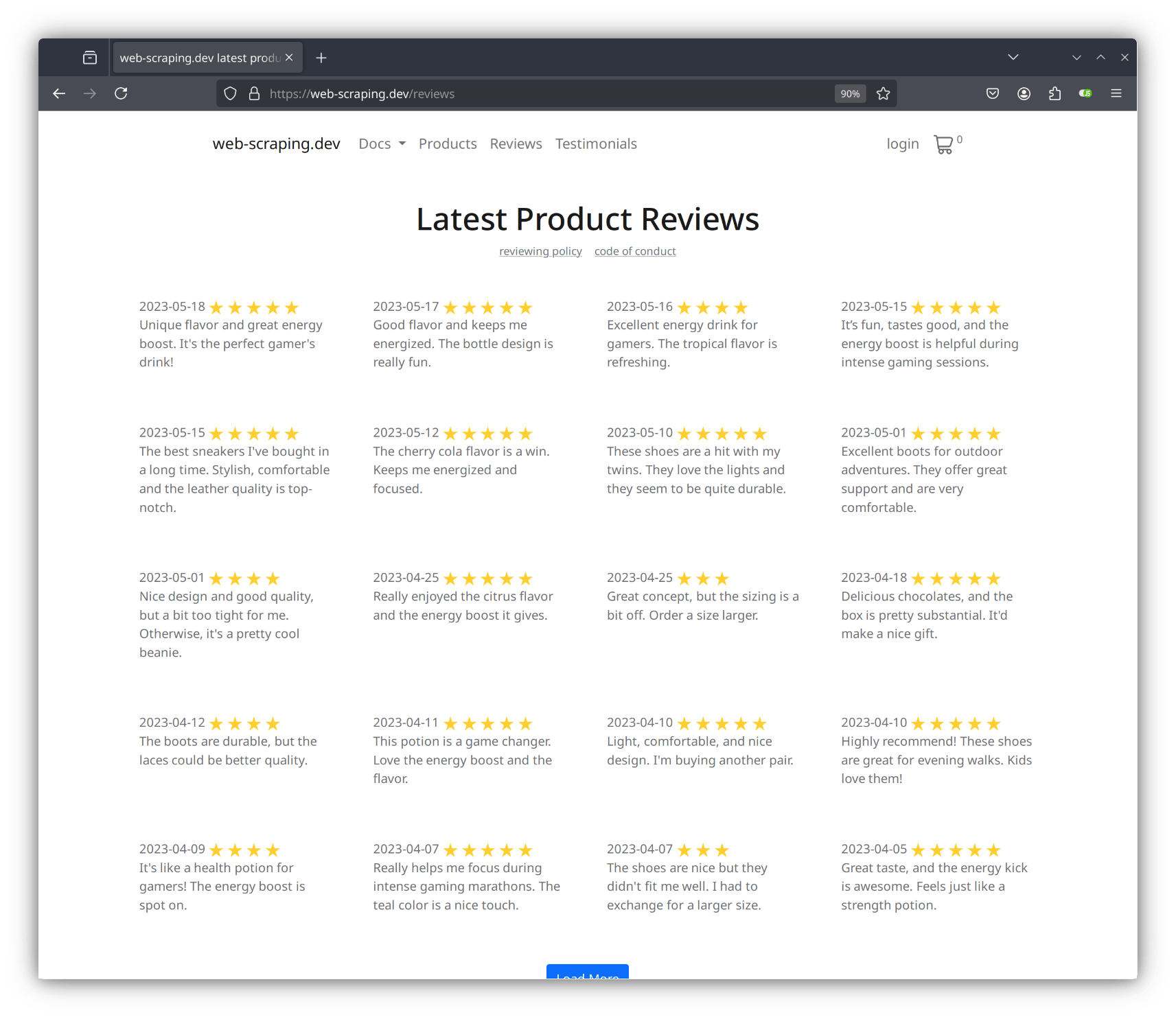 web-scraping.dev/reviews page with js enabled