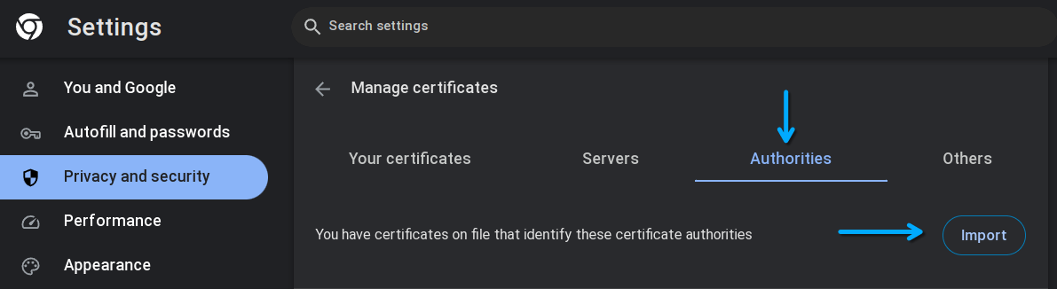 Chrome certificate import