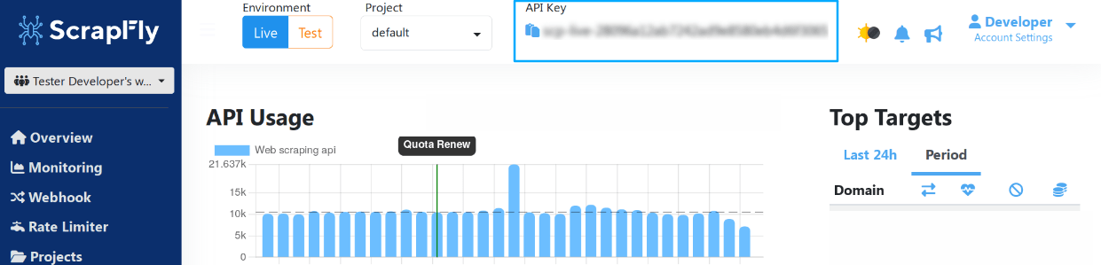 Where to find API key on scrapfly dashboard