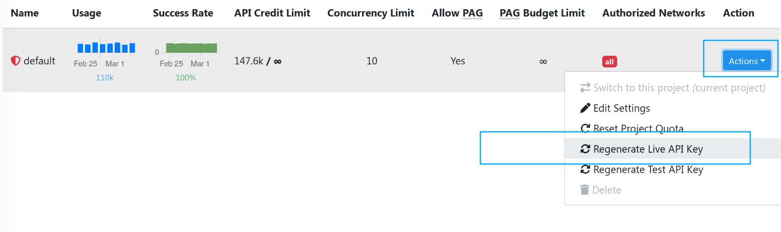 how to reset scrapfly API key using project