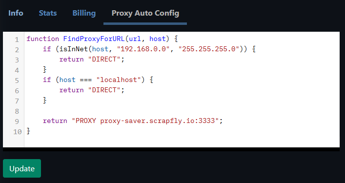 overview of proxy saver pacfile web interface in dashboard