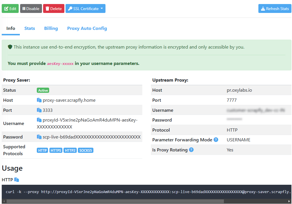 Proxy Saver instance summary when end-to-end encryption is enabled