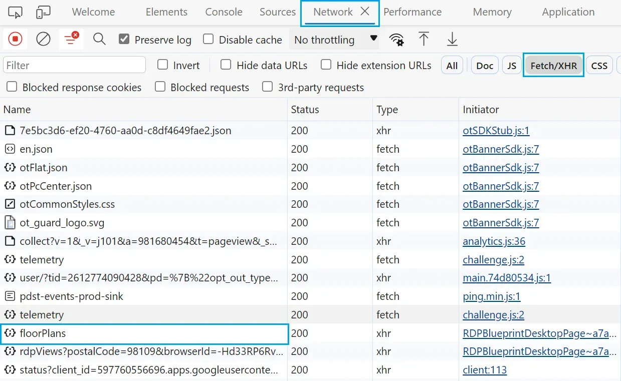 background requests on developer tools
