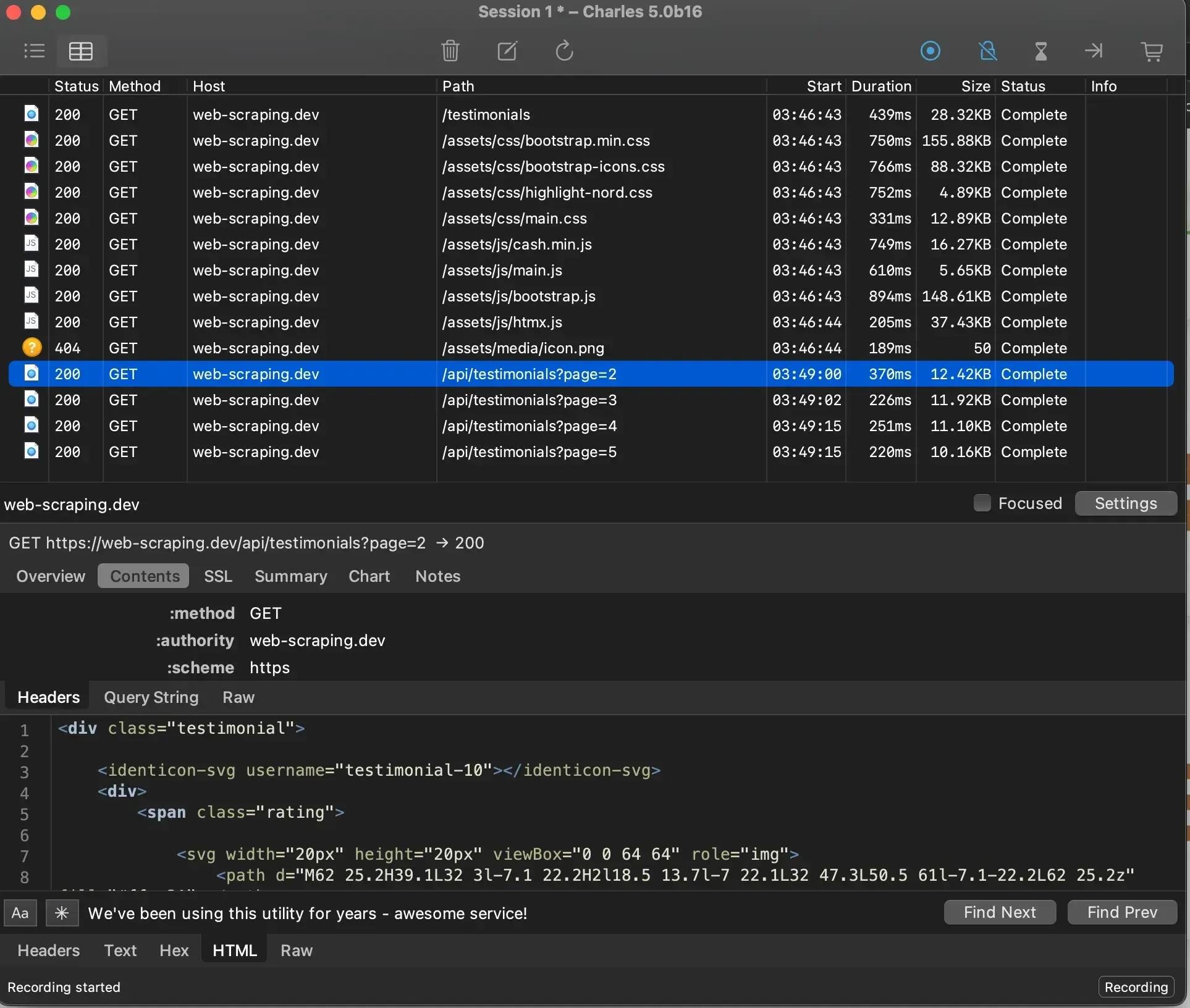 charles proxy example interception for web-scraping.dev test page