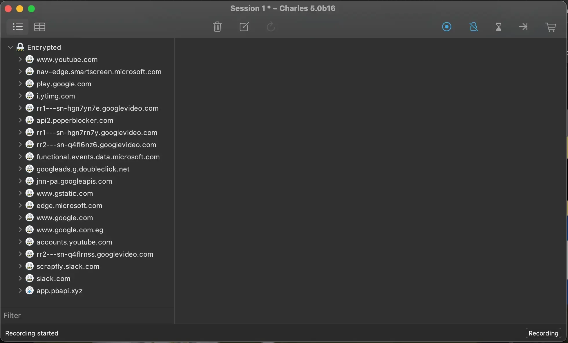 Web traffic appearing in Charles's main window