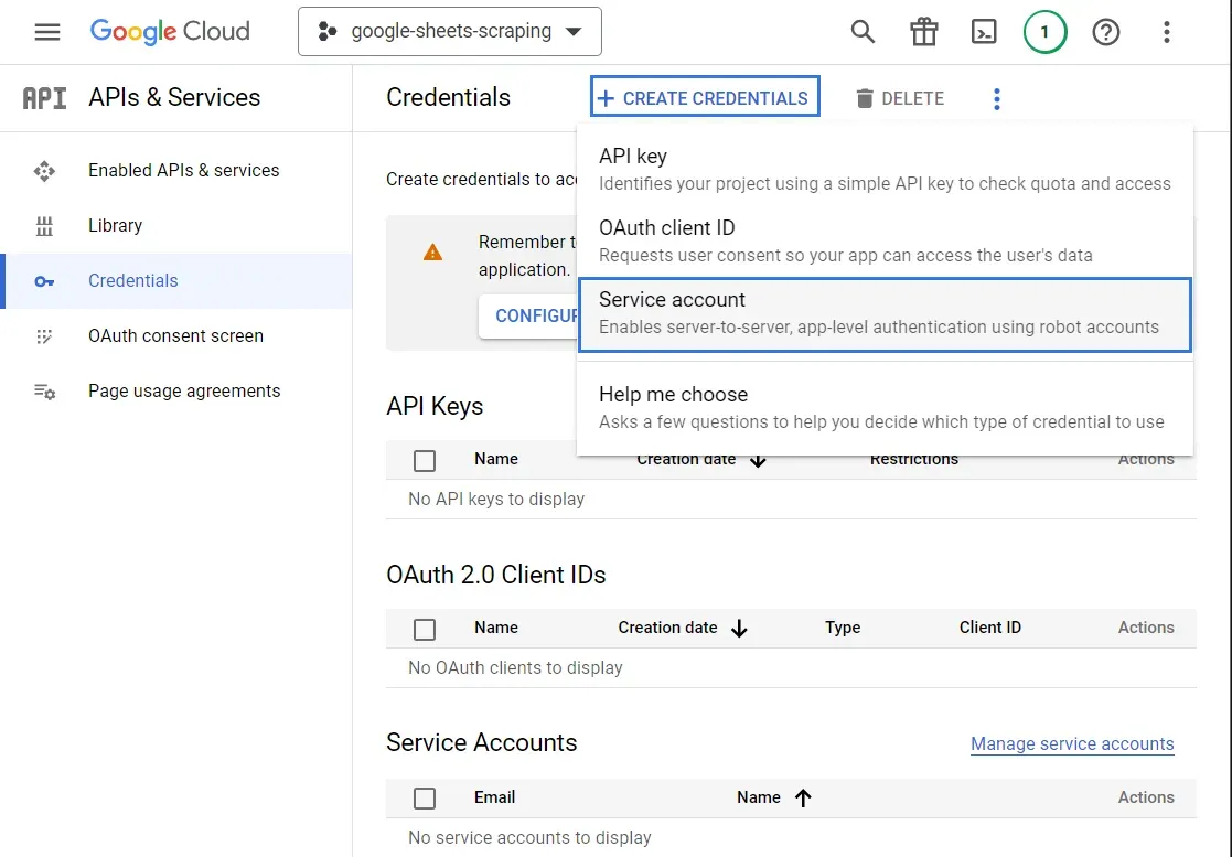 create credntials for the project