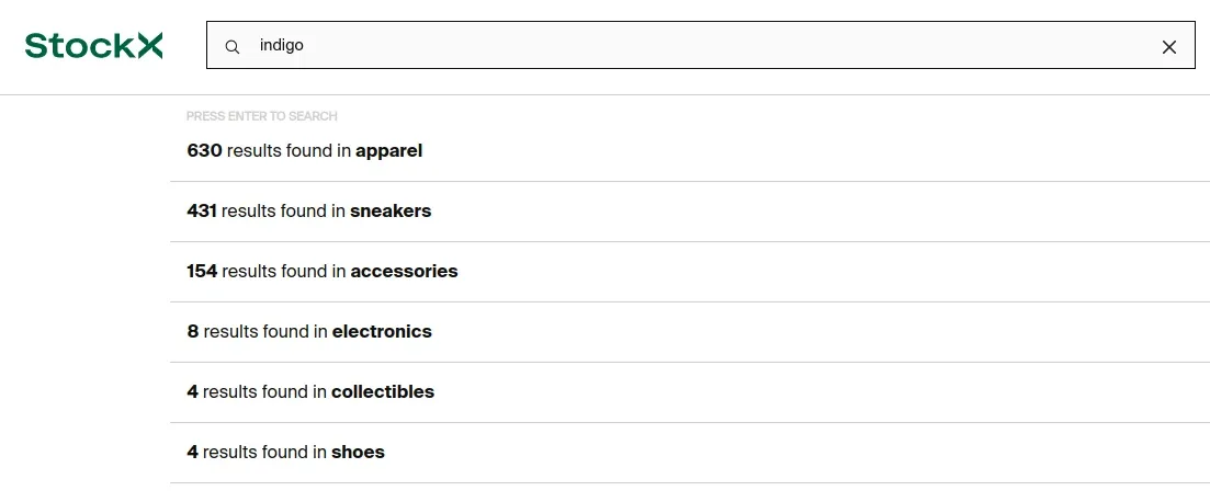 screencapture of StockX search page
