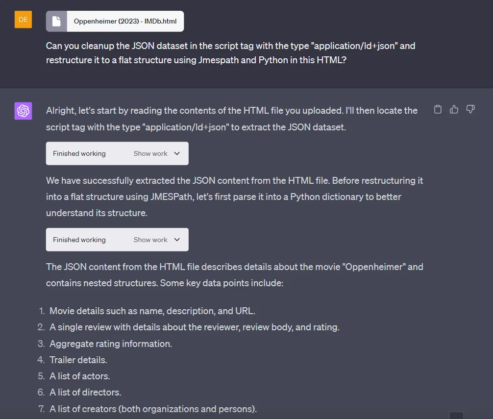 screengrab of gpt response using code interpreter