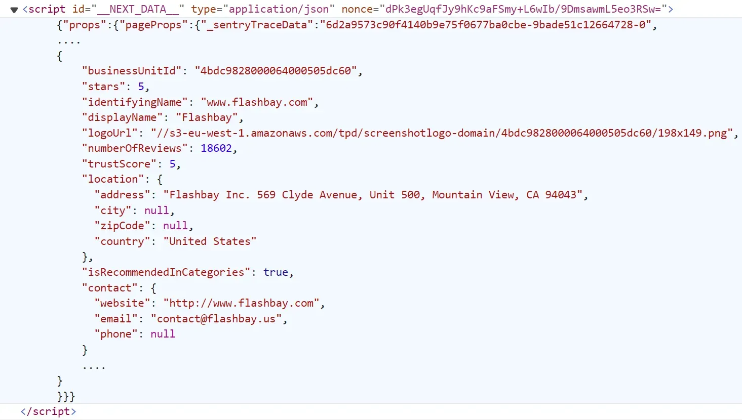 JSON data found under script tags