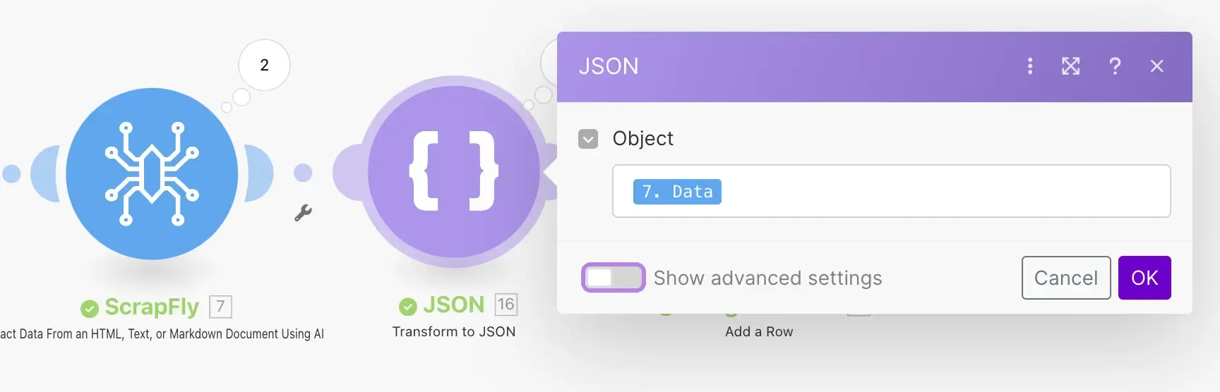 The extract action connected to the transform to JSON action