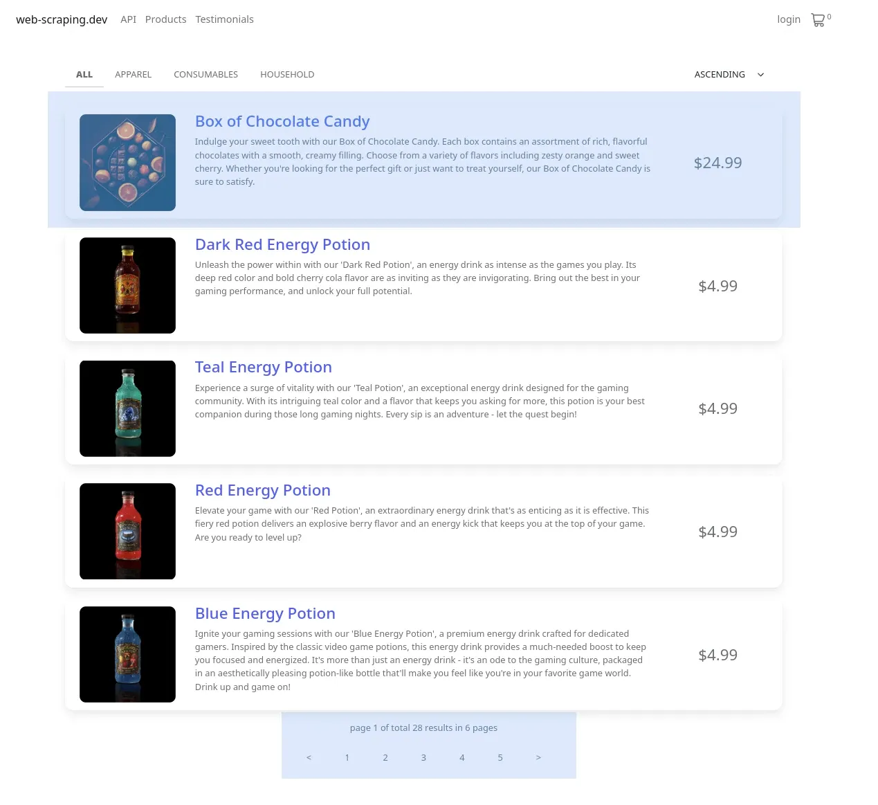 product list screencapture on web-scraping.dev