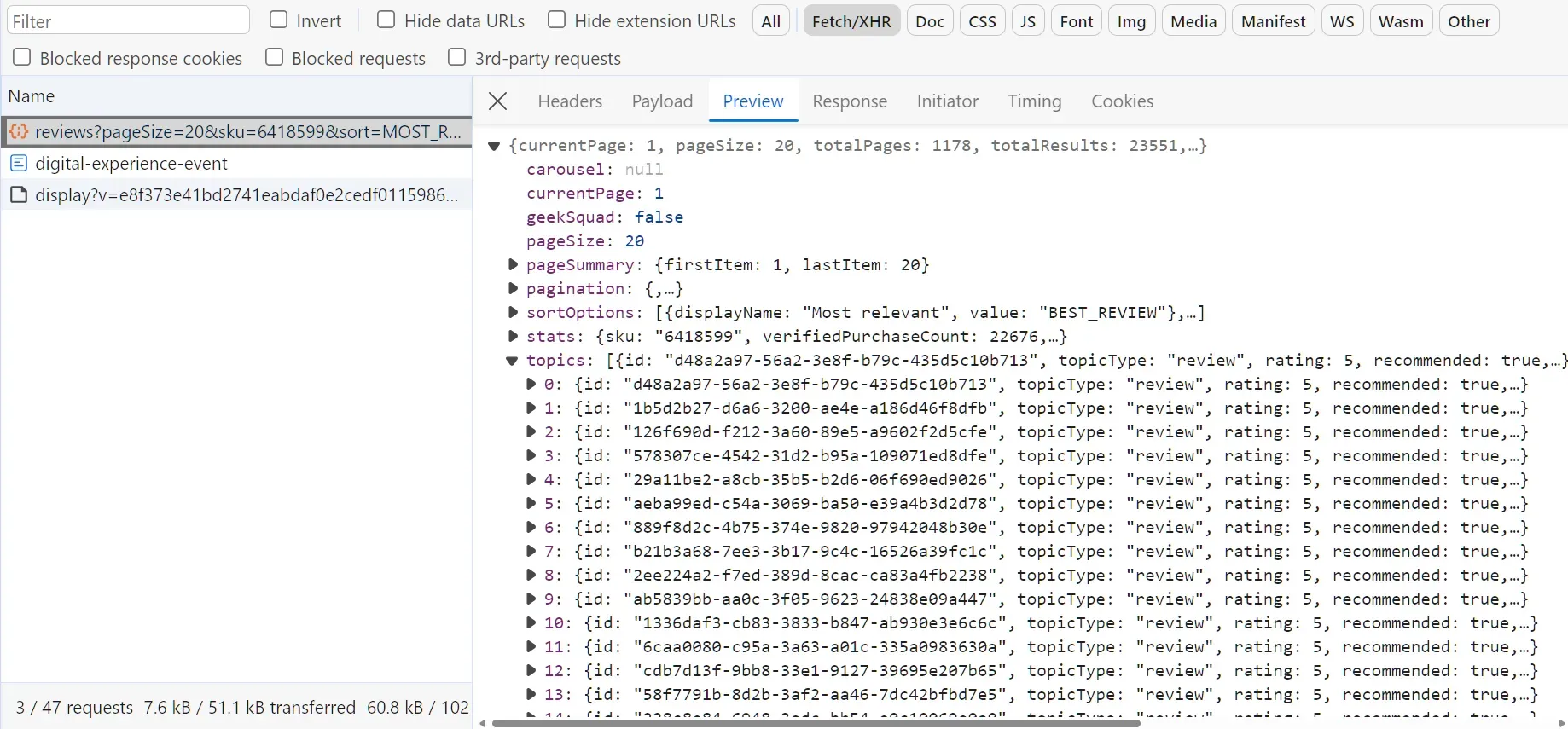 reviews hidden api on browser developer tools