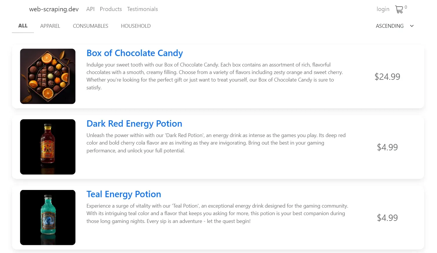 products page on web-scraping.dev