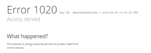 screenshot of Cloudflare error 1020