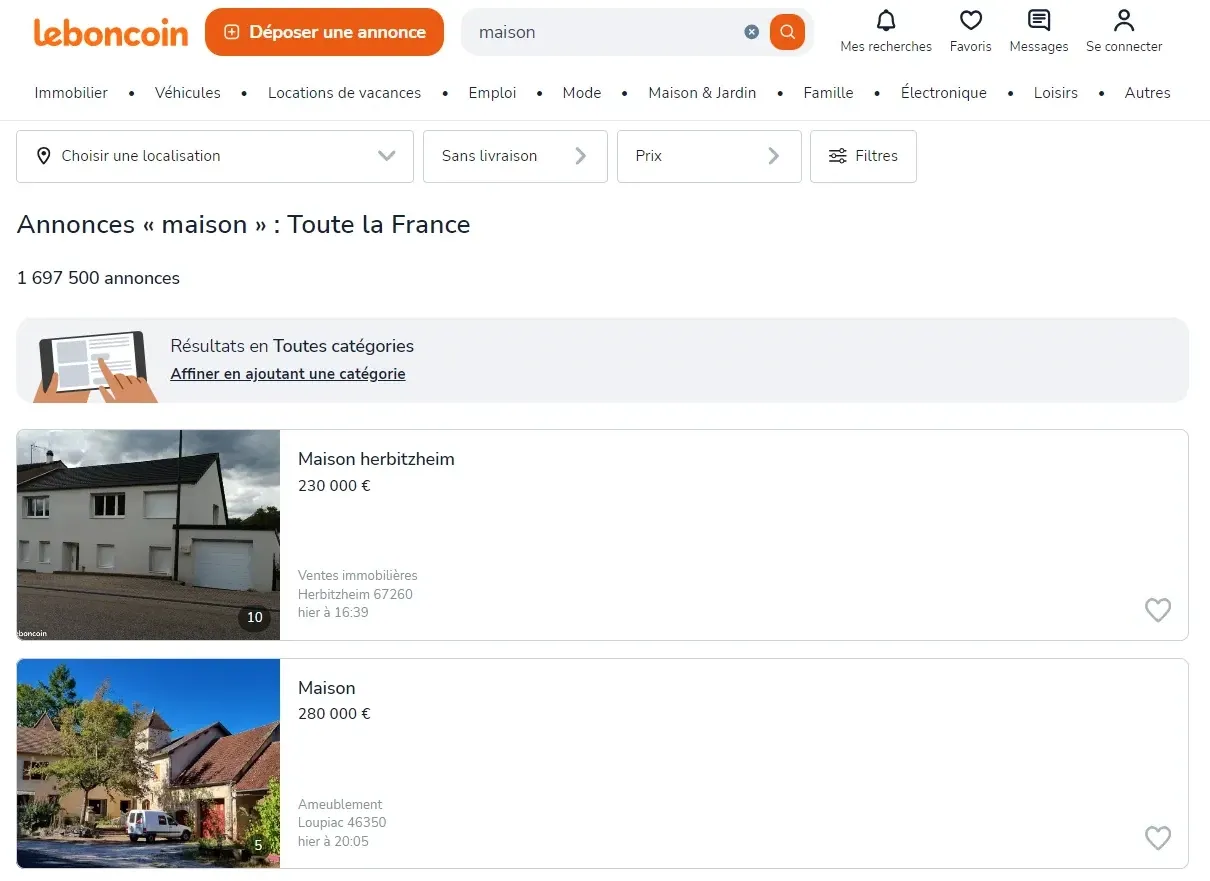 screengrab of Leboncoin search page example