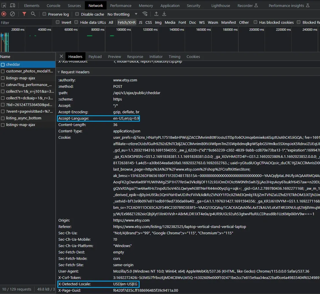 screencapture of etsy.com product page first request headers