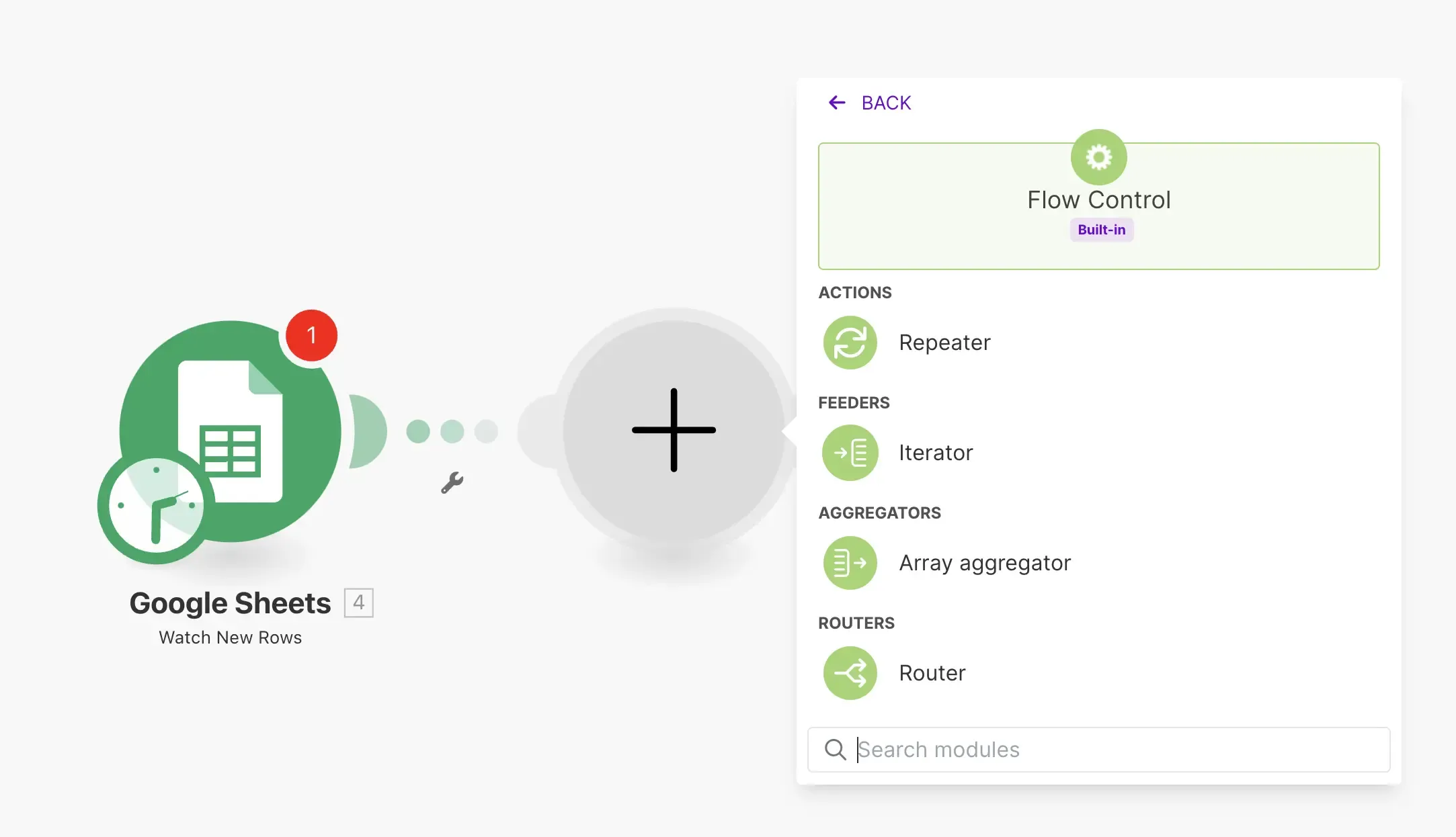 Add iteartor action from make.com's built in control flow module