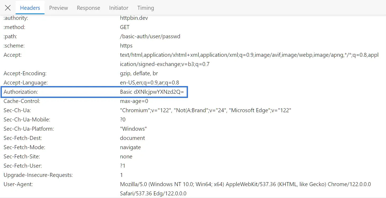 authentication token header on browser developer tools