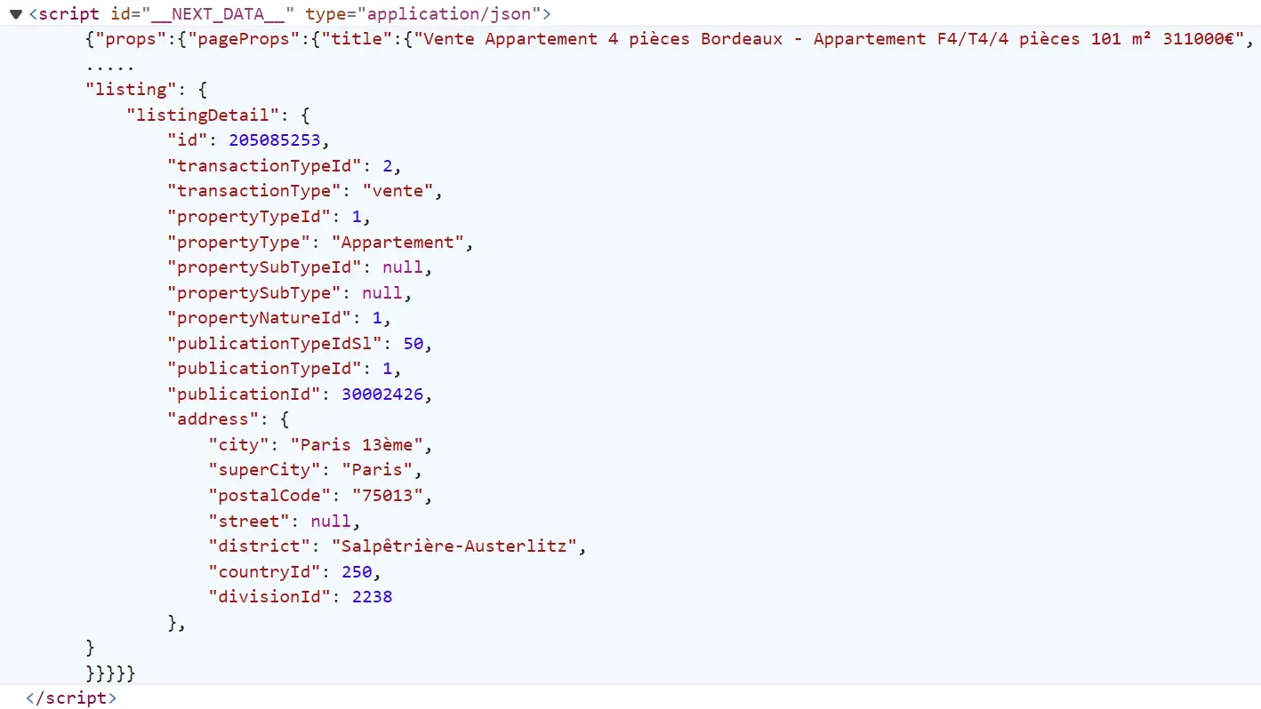 property page data in the HTML