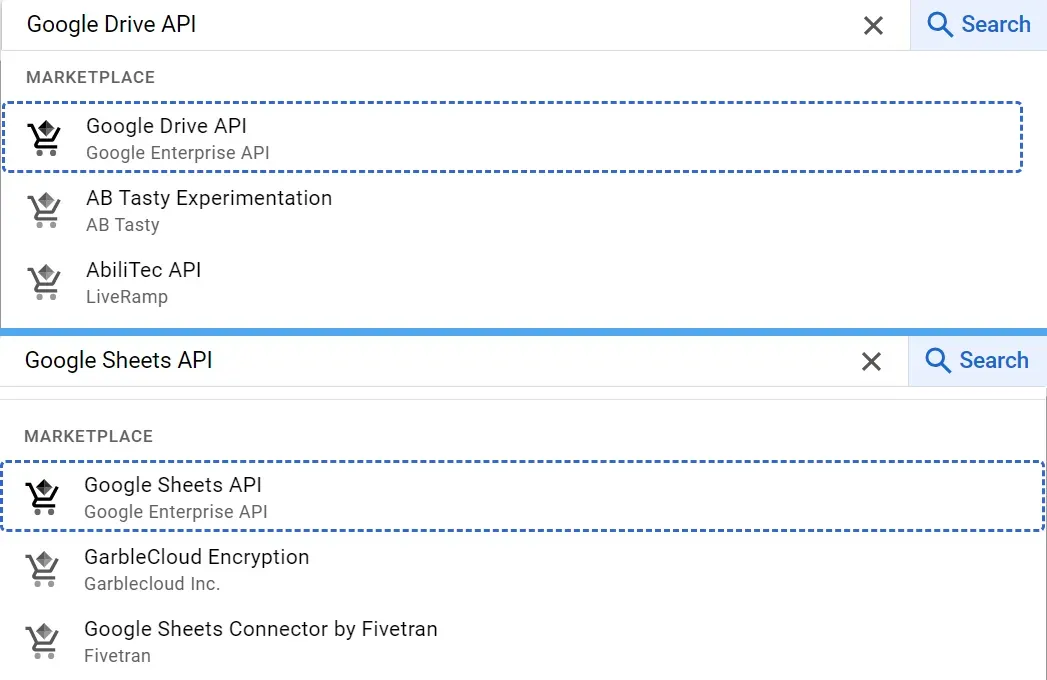 search for google drive and sheets APIs