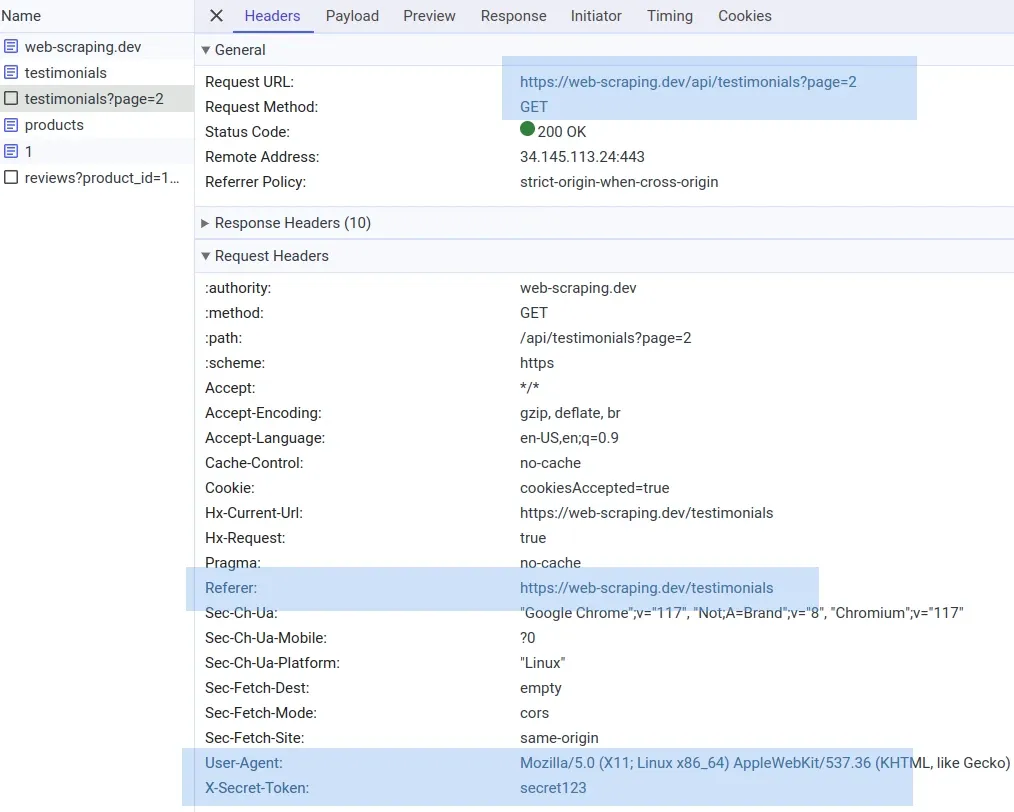 screencapture of testimonials background request capture by chrome devtools