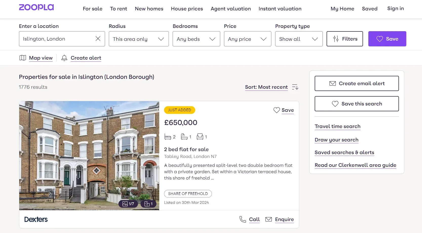search page on zoopla
