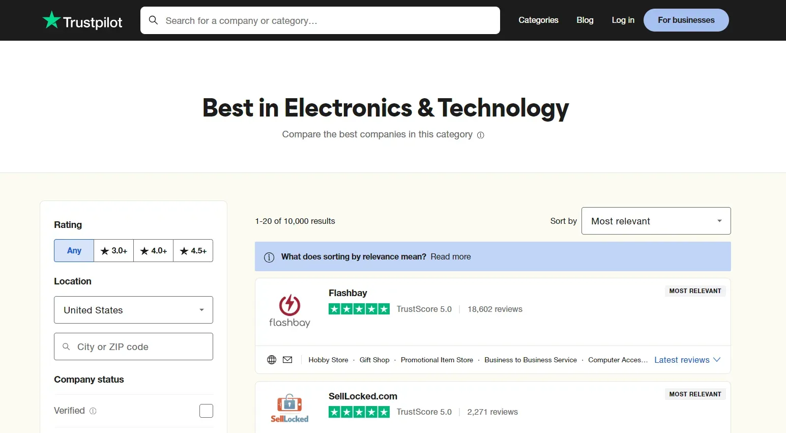 search page on trustpilot.com