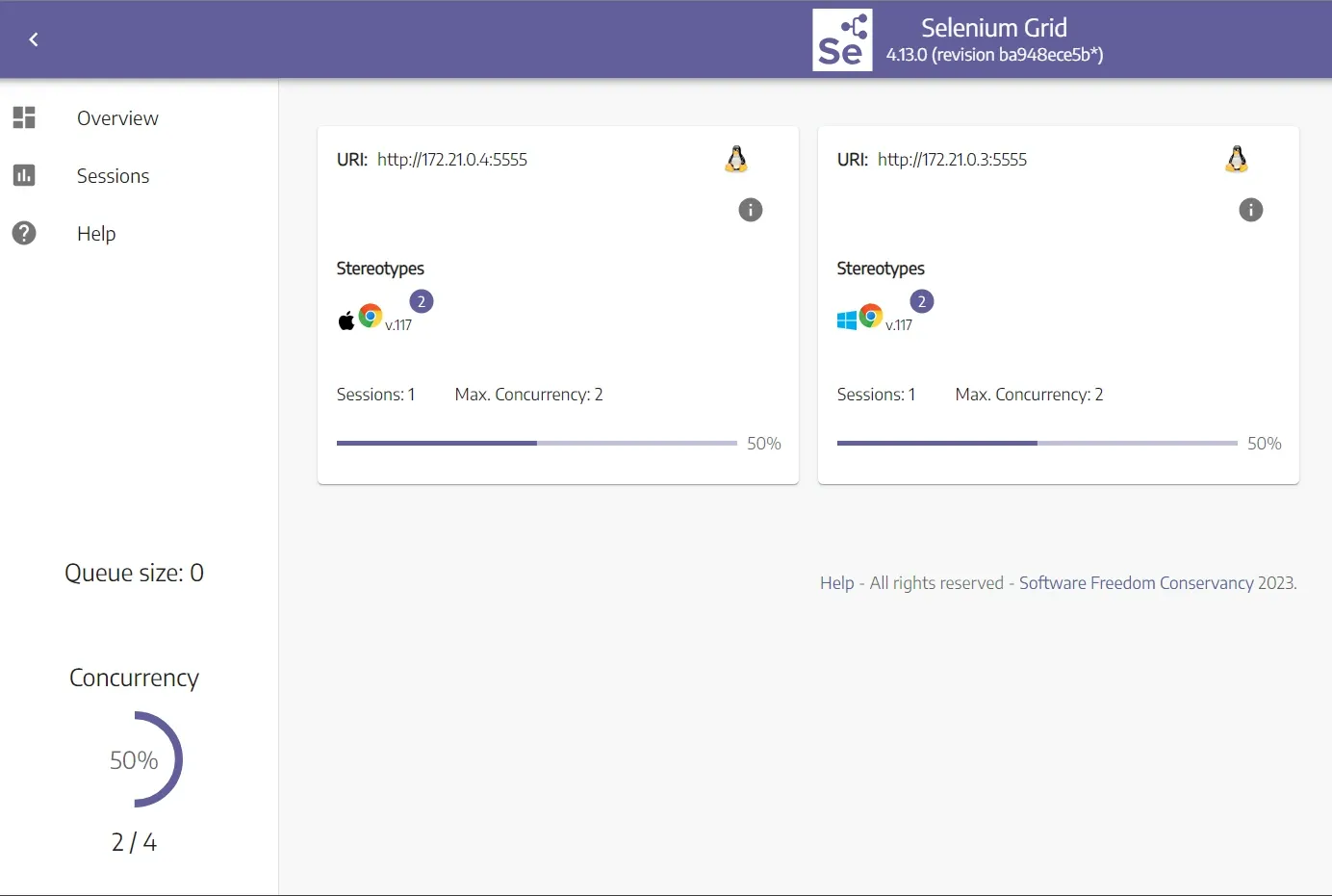 Selenium Grid server with two headless browsers running at the same time
