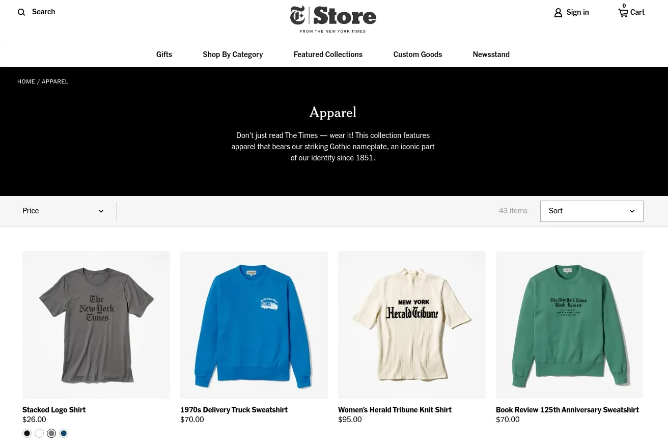 screencap of nytimes store homepage