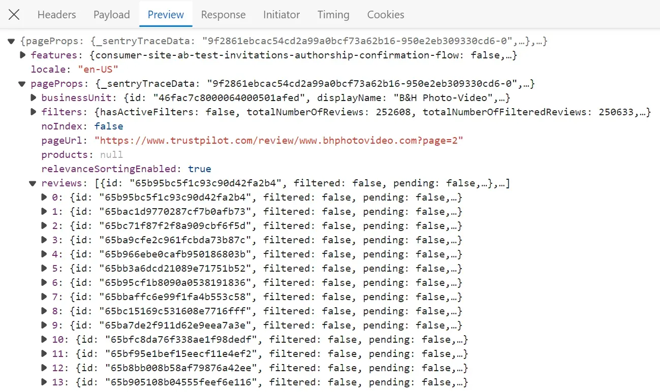 API response on browser developer tools
