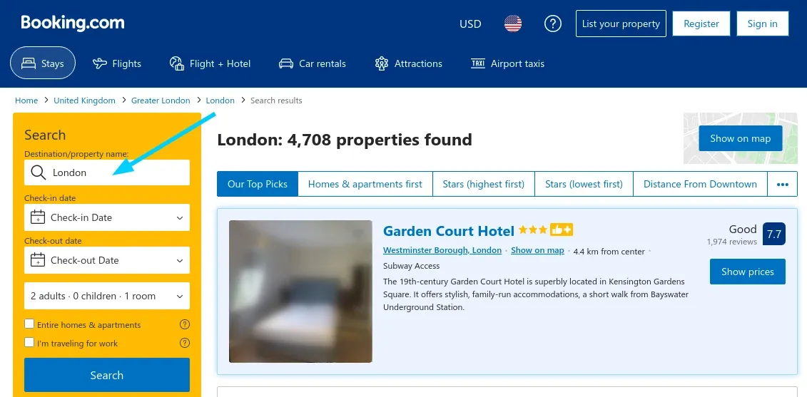 illustration of booking.com search bar