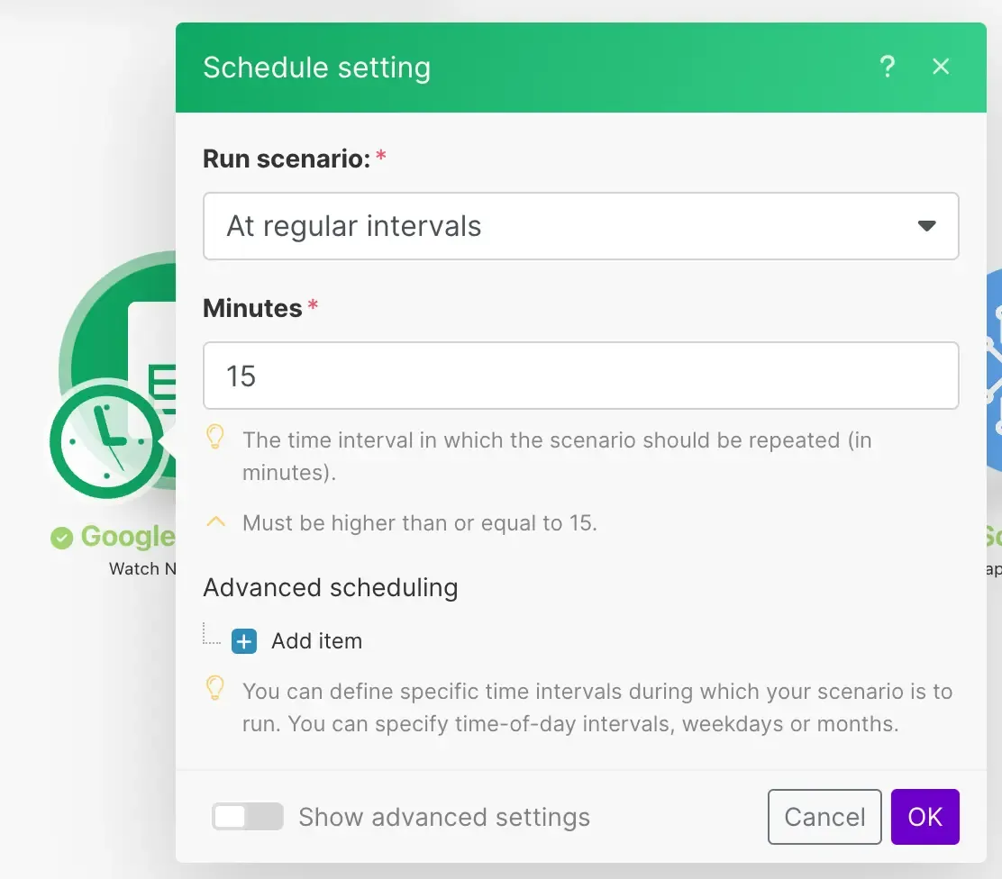 Scenrario trigger scheduling settings