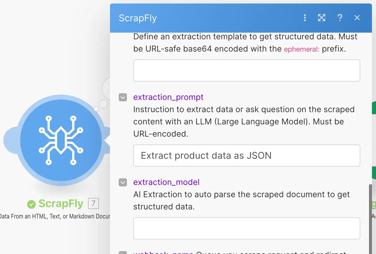 Action extraction prompt set to Extract product data as JSON