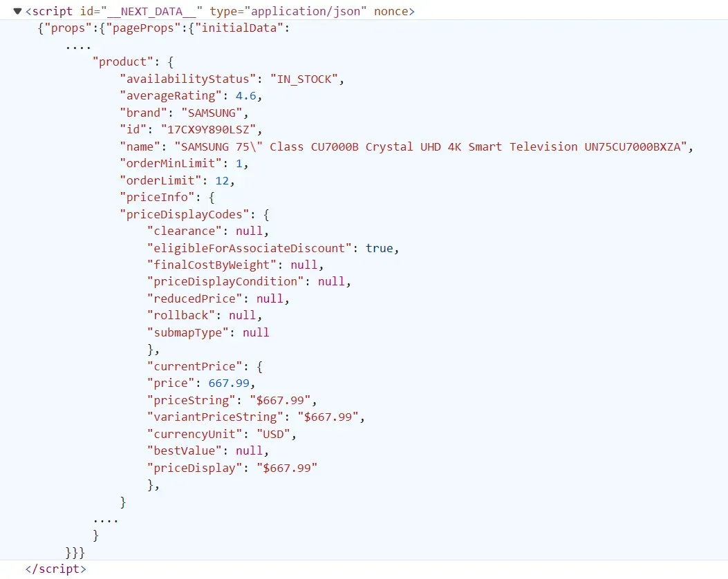 product data under JavaScript tag