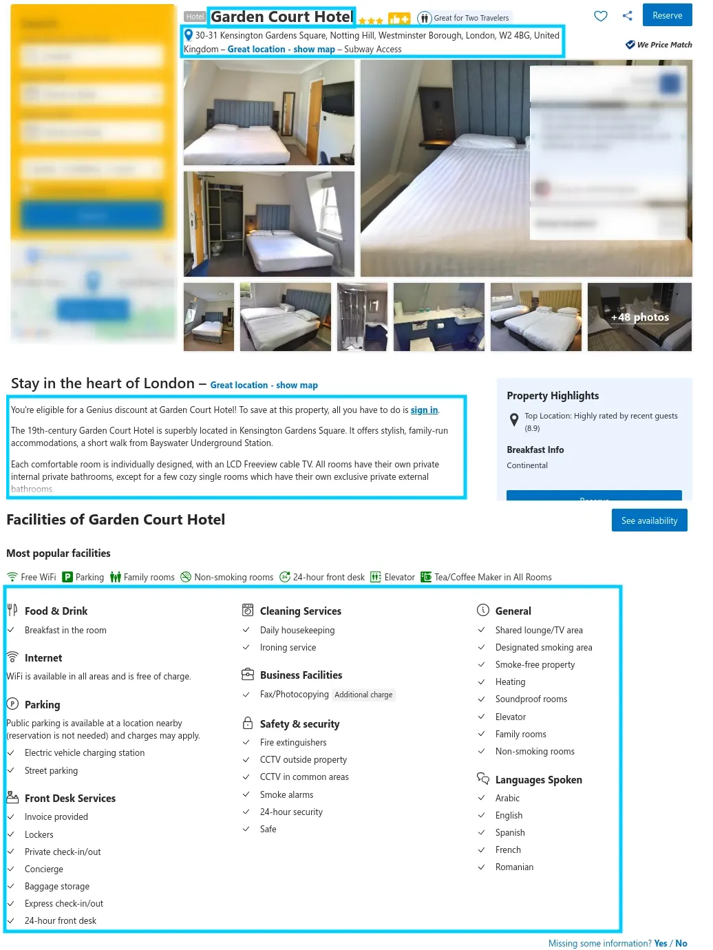 hotel page parsing markup