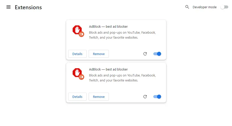 Chrome extensions page