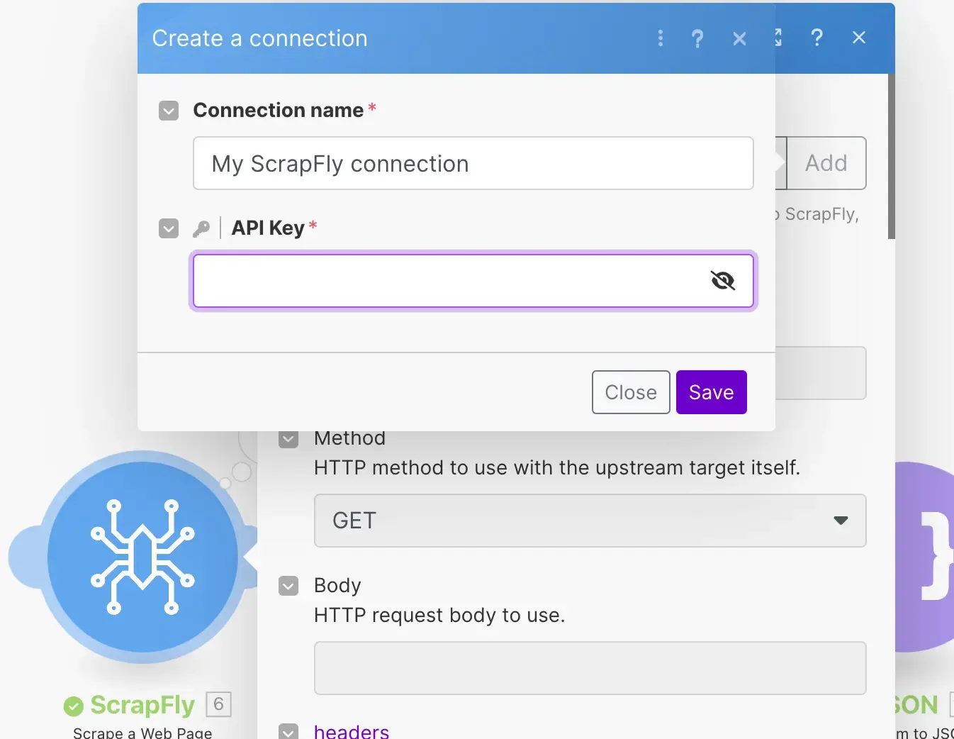 Scrape a webpage action connection using Scrapfly's API key