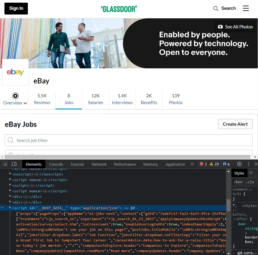 chrome devtools showing glassdoor.com page __NEXT_DATA__ dataset