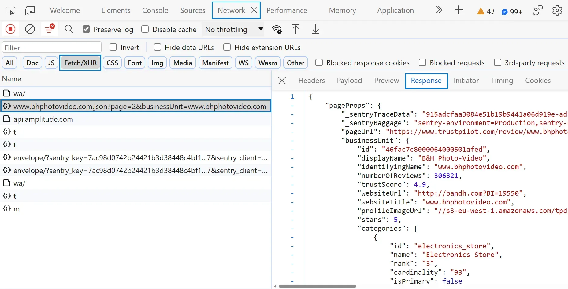trustpilot.com api on developer tools