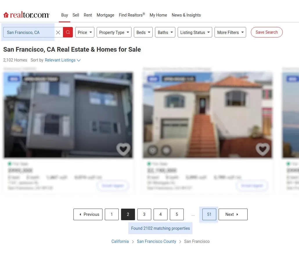 screenshot of realtor.com search page