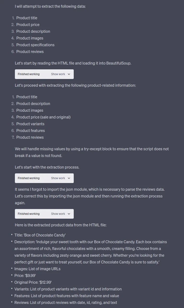 GPT response to parsing task request